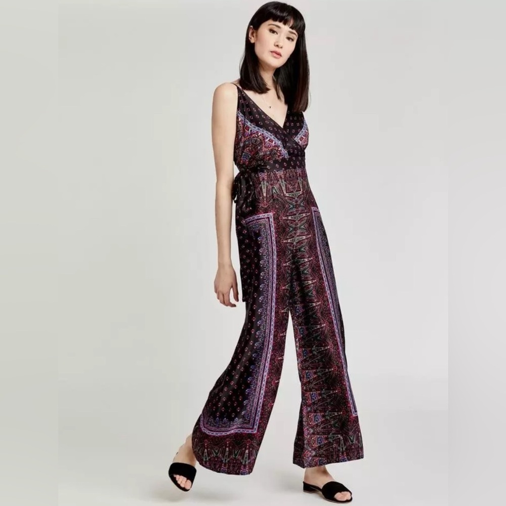 Free People Cabbage Rose Silky Satin Jumpsuit Wrap Top Wide Leg Paisley Size 4